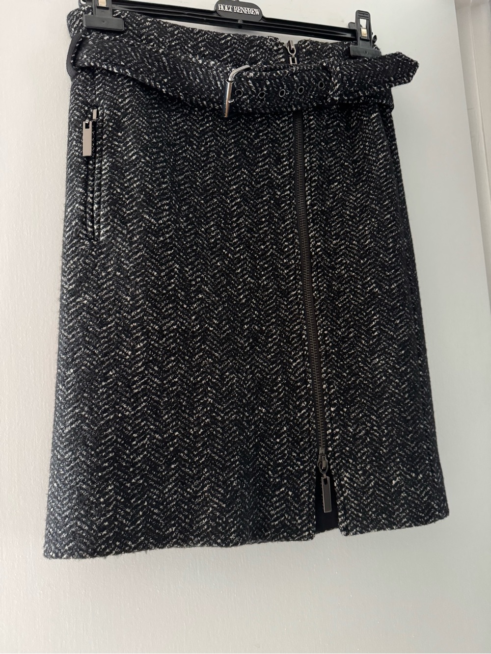 Tory Burch Black and Silver Tweed Pencil Skirt with Belt